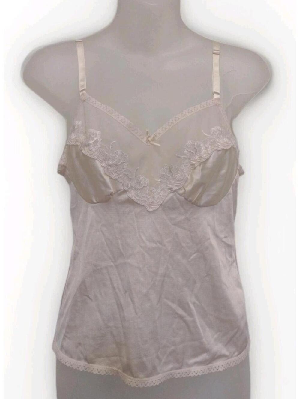 VTG 70s Beige Nylon Lace Camisole Top Small Summer Layering Sheer Bust